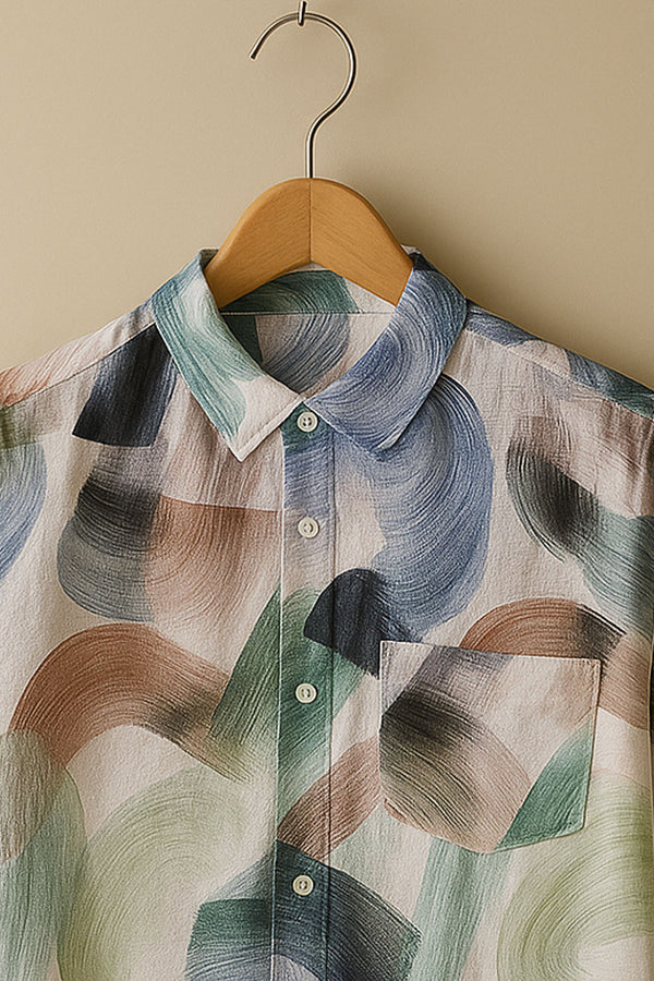 Abstract Brush Linen Shirt ( Invisible Stitching - No Color Fading )