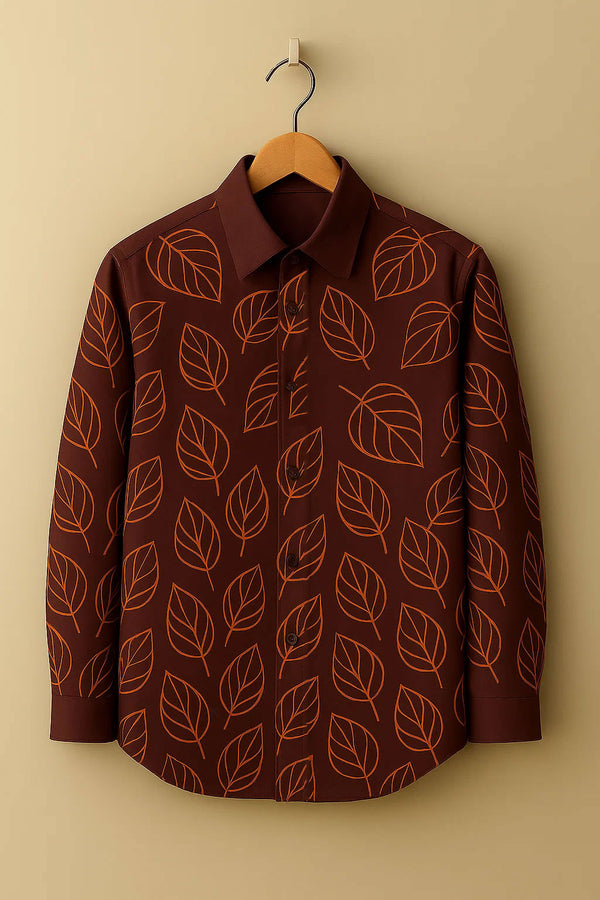 Earthy Brown Leaf Cotton Shirt ( Invisible Stitching - No Color Fading )