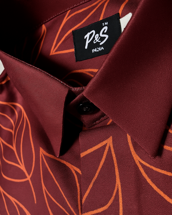 Earthy Brown Leaf Cotton Shirt ( Invisible Stitching - No Color Fading )