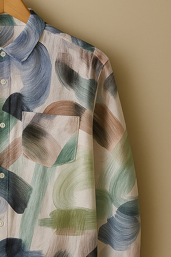Abstract Brush Linen Shirt ( Invisible Stitching - No Color Fading )