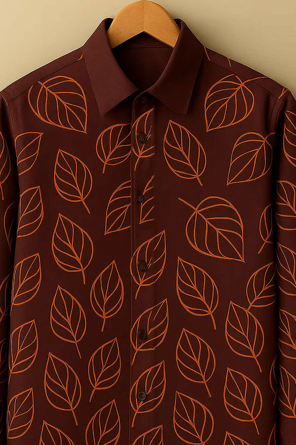 Earthy Brown Leaf Cotton Shirt ( Invisible Stitching - No Color Fading )