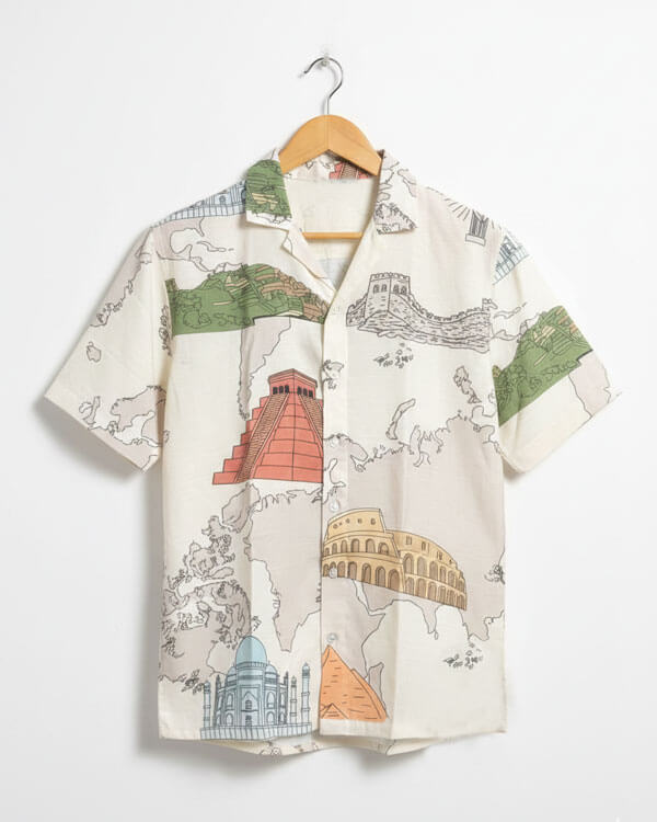 7 Wonders World Map Print Shirt(Aditya Birla)