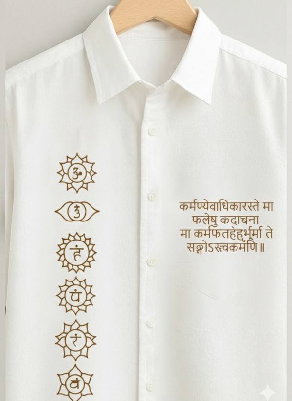 White Viscose with Sanskrit Shlok and7 Chakra Print Close Shirt for Men