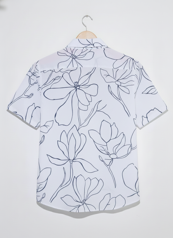 White and Blue Floral Outline Print Back Shirt for Men 