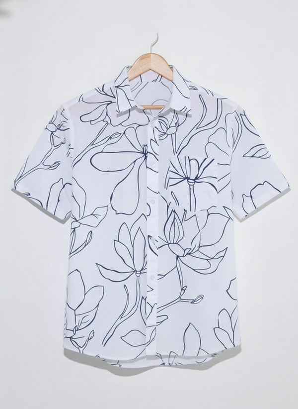White and Blue Floral Outline Print Shirt for Men