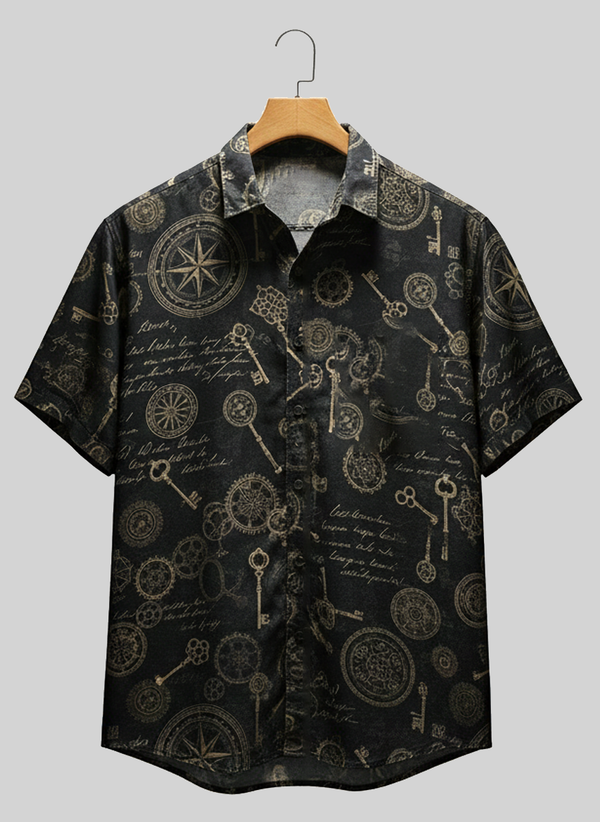 Black Vintage Compass and Keys Print Shirt for Men