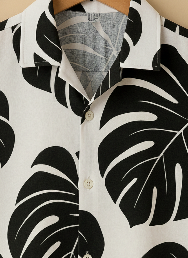 Close up of Black & White Monstera Print Shirt For Men