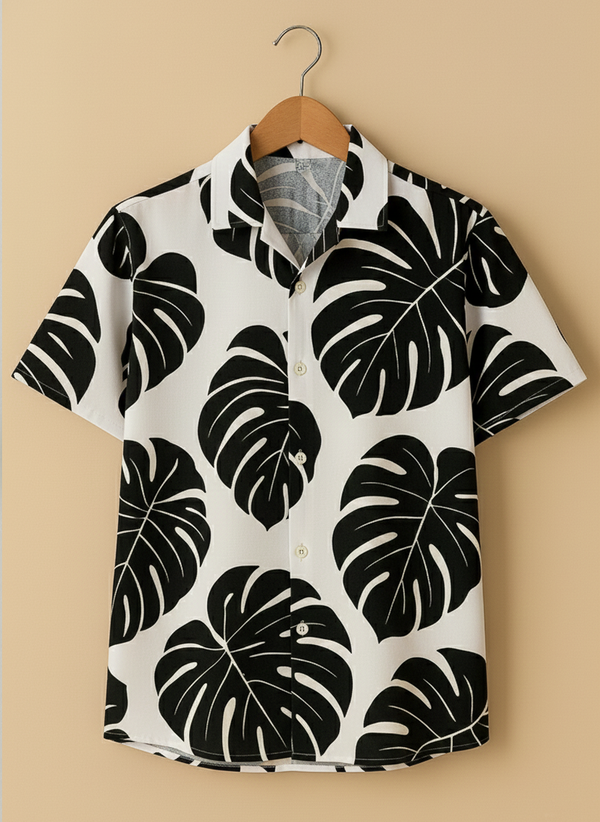 Black and White Monstera Leaf Print Shirt for Men
