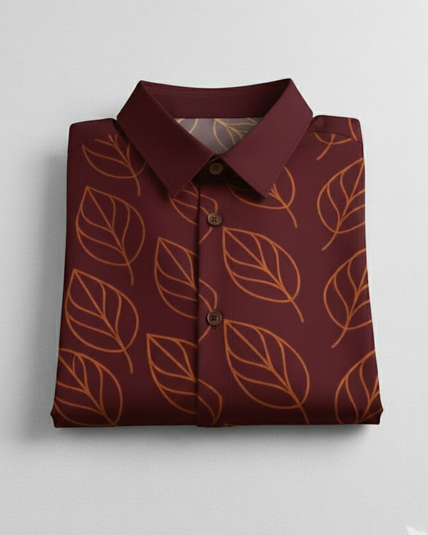 Men's Brown Leaf Print Shirt - French Placket, Clean Finish Collar
