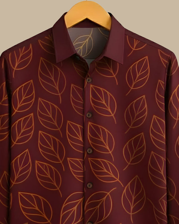 Men's Brown Leaf Print Shirt - French Placket, Clean Finish Collar