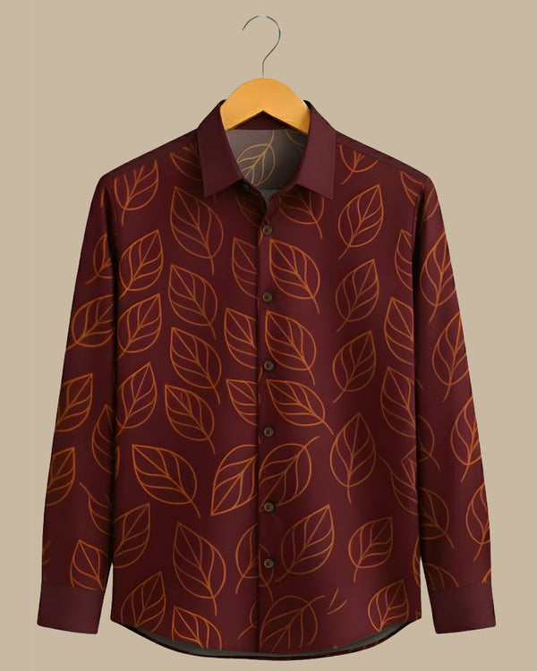 Men's Brown Leaf Print Shirt - French Placket, Clean Finish Collar