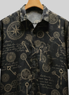 Black Vintage Compass and Keys Close Print Shirt for Men