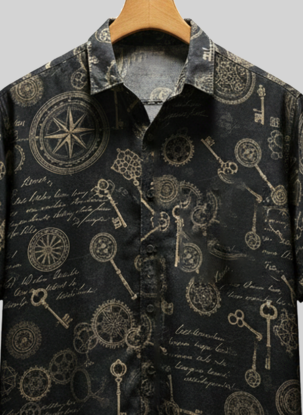 Black Vintage Compass and Keys Close Print Shirt for Men