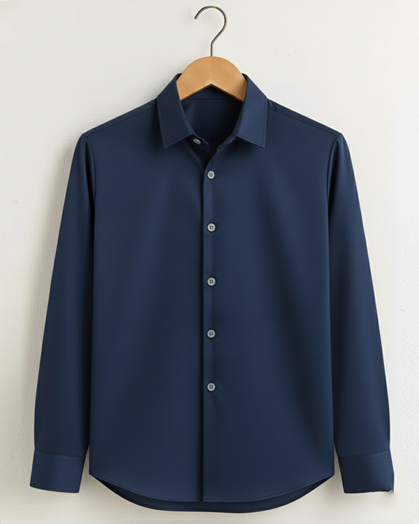 Navy Blue Giza Cotton Shirt For Men - French Placket, Clean Finish Collar
